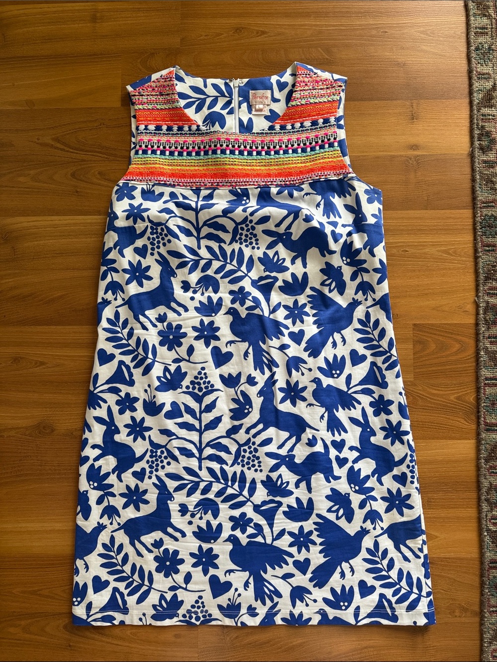 Persifor Sleeveless Blue & White Floral Midi Dress with Embroidered Yoke